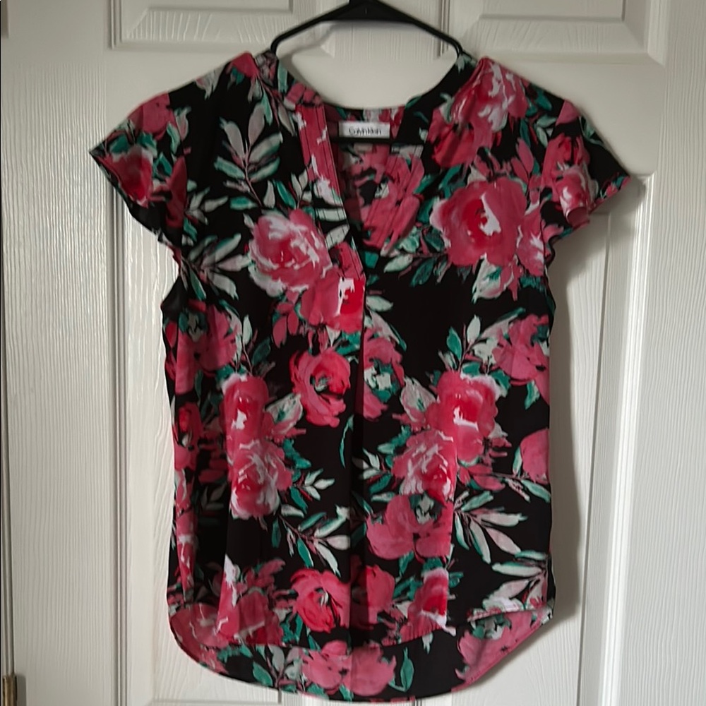 Calvin Klein Black and Pink Asymmetrical Blouse with Mandarin Collar